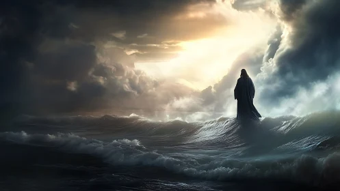 Cloaked figure walking on storm waves under divine backlight