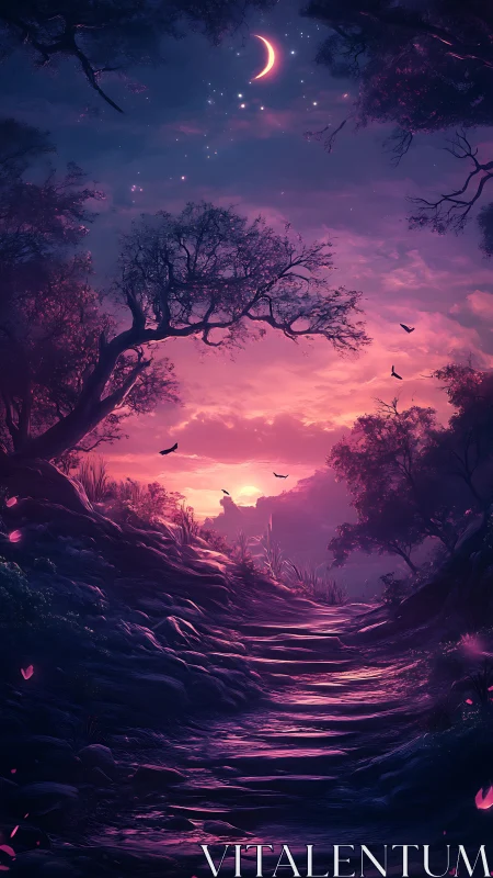 Lunar twilight forest path under magenta sunset sky glow