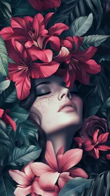 Surreal female portrait immersed in lush crimson florals