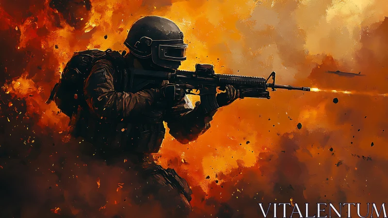 Firestorm-cloaked soldier strides forward through burning chaos