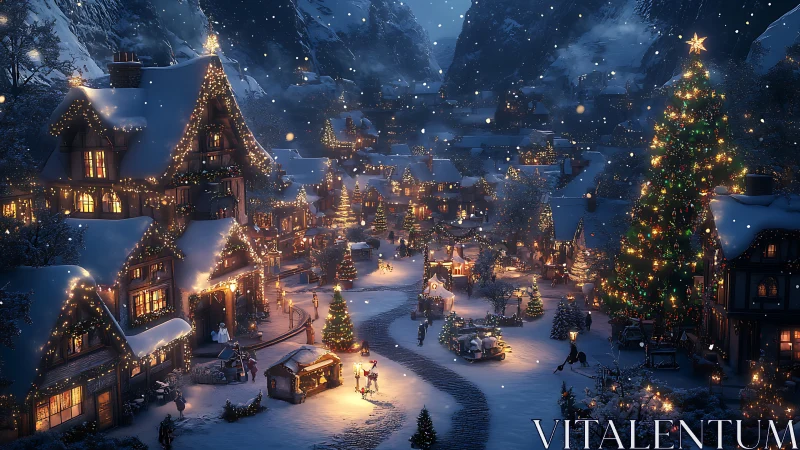 Nocturnal alpine village under festive luminance mapping.