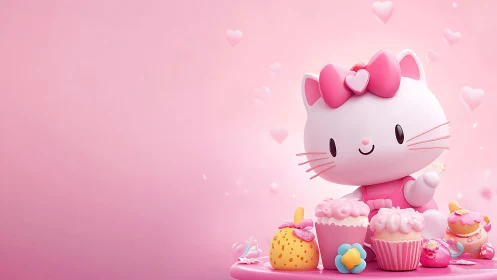 3D-rendered Hello Kitty character with confectionery elements and floating heart motifs