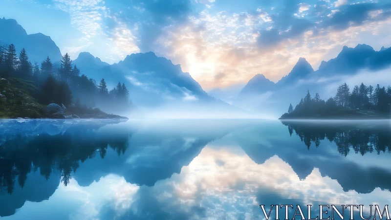 Mountain lake mirrors misty peaks under soft sunrise light