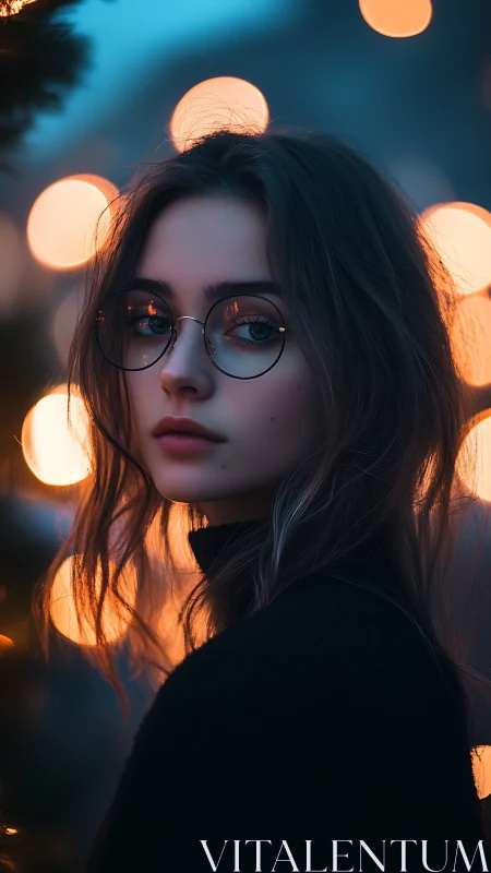Young woman with glasses stands before defocused evening lights