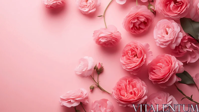 Layered Pink Ranunculus and Hybrid Tea Roses on Monochromatic Background