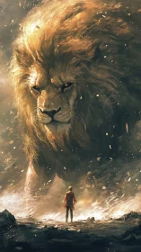 Colossal ethereal lion looms above lone wanderer in light.