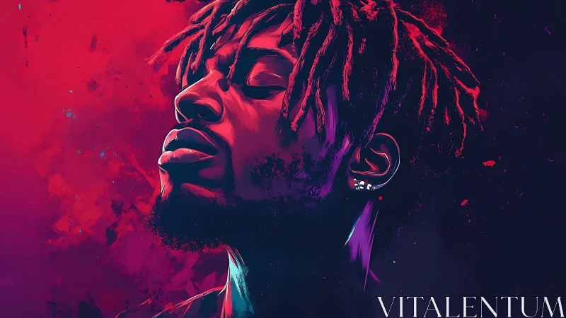 Neon-lit portrait of contemplative man in vivid magenta glow.