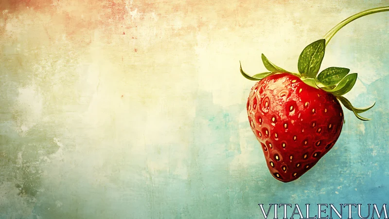 Single glossy strawberry on textured pastel background.