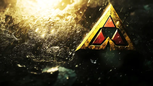 Stormlit golden triangle emblem amid rain-slashed grit.