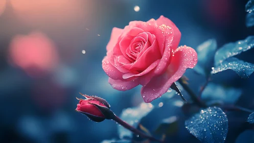 Dewdrop-Kissed Pink Rose in Dreamy Blue Garden.