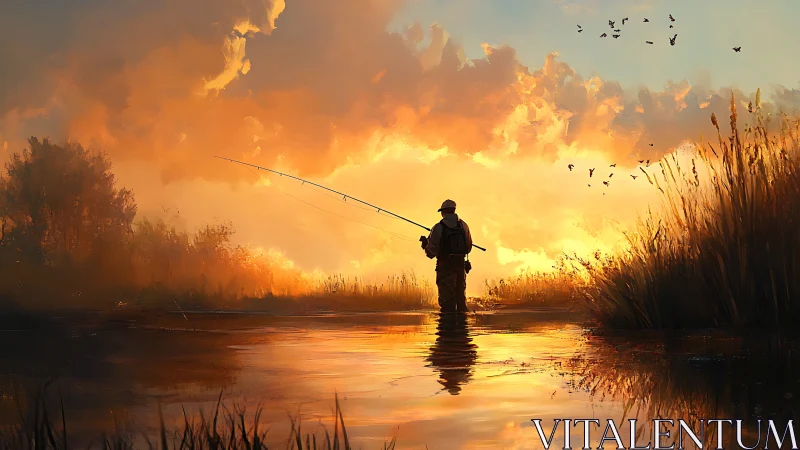 Silhouetted angler stands in shallow water during sunset