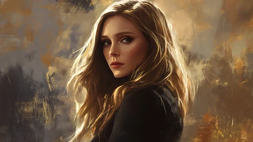 Golden-lit portrait highlights contemplative female figure.