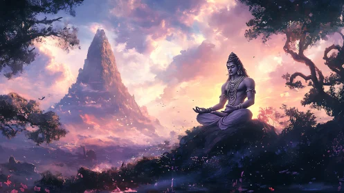 Meditating deity before luminous mountain at twilight.