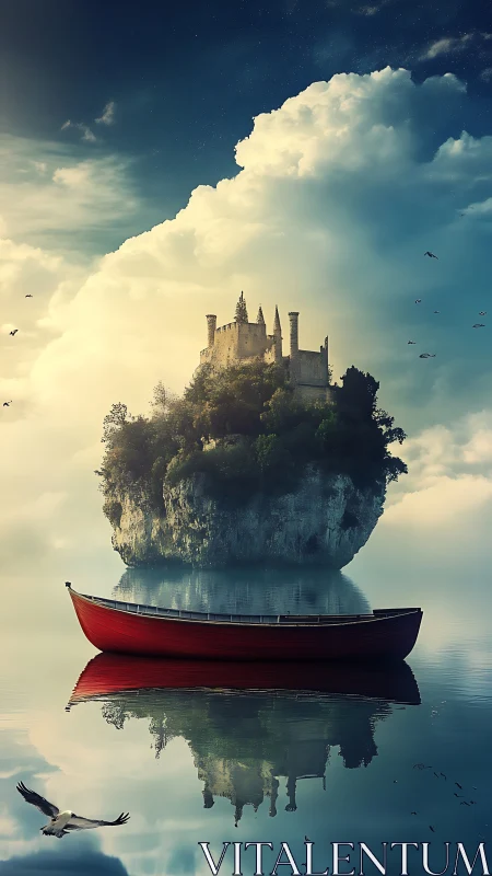 Floating castle island reflected in lake with red boat