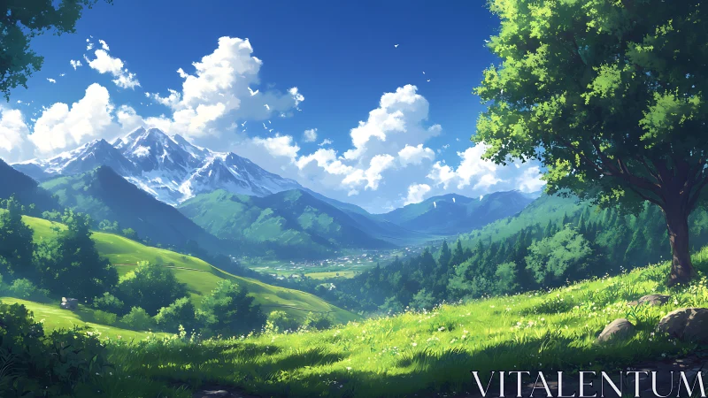 Mountain valley landscape under clear blue summer sky.