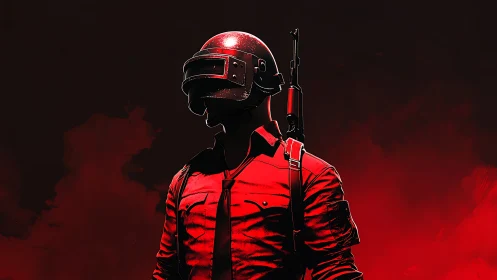 Helmeted battle royale soldier in stark red silhouette.