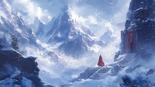 Solitary figure ascending snowy temple steps in mountains.