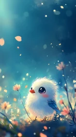 Daydreaming fluffbird beneath a sky of drifting petals.