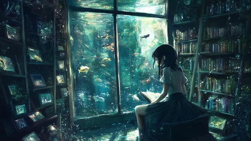 Girl Reading Beside an Enchanted Underwater Library Window.