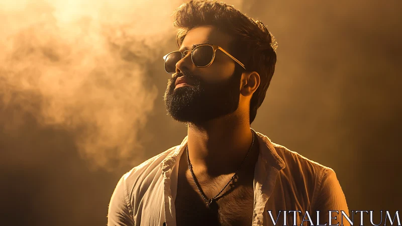 Golden light embraces a confident man in cool sunglasses.