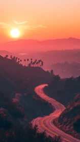 Golden hour road winds gently through glowing sunset hills