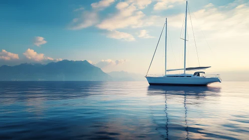 Sailboat dreaming on glassy sea beneath pastel mountains.