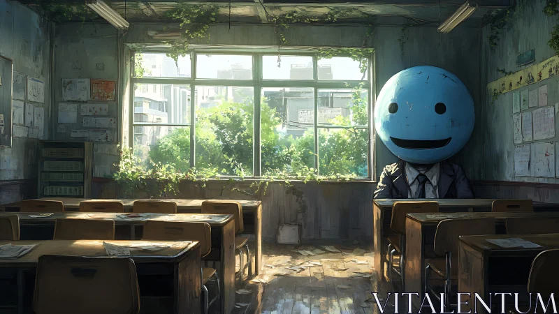 Empty classroom with blue-headed figure near window.