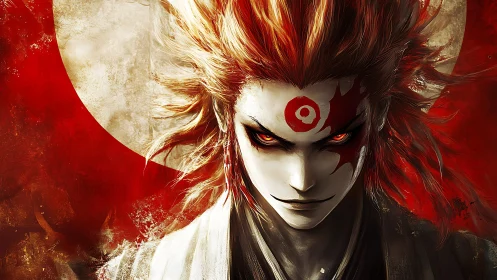 Demonic samurai portrait with fiery hair and circular sigil