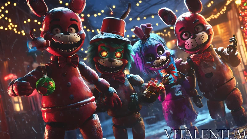 Creepy holiday animatronics under festive street lights.