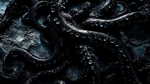 Midnight tangle of abyssal tentacles across slick stone.