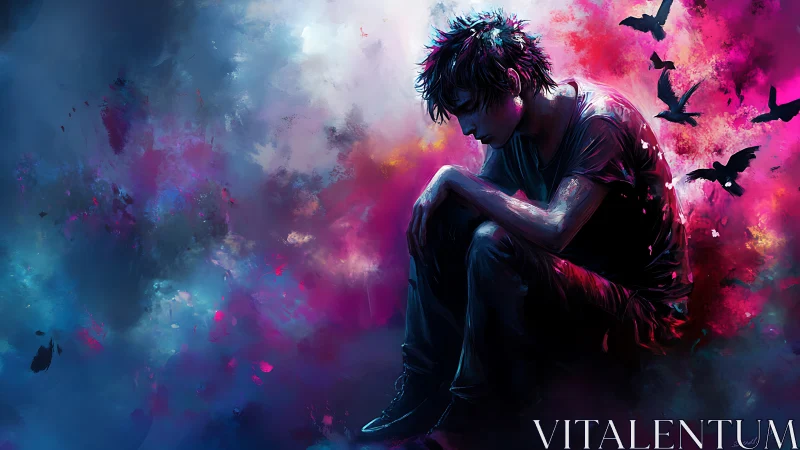 Solitary dreamer curls inside storm-bright neon twilight