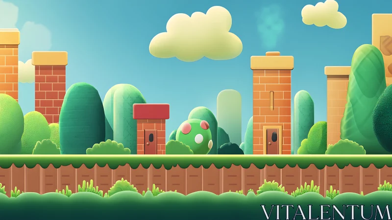 Colorful Pixel Game Level Landscape with Castles and Platforms.