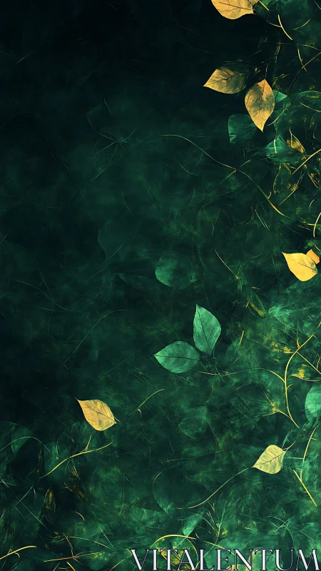 Golden foliage drifts across deep emerald abstract ground