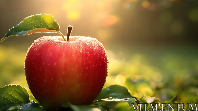 Backlit red apple with dewdrops in soft morning bokeh.