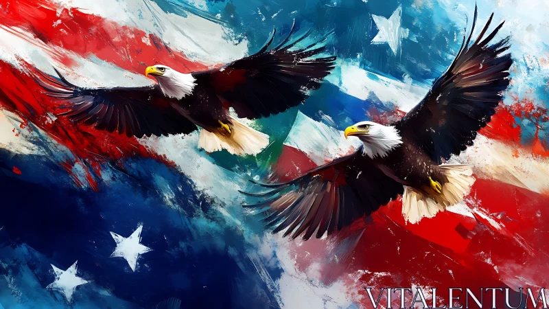 Two bald eagles soaring over abstract US flag background.