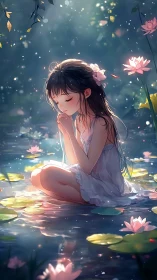 Luminous girl meditating in lotus pond with ethereal backlight.