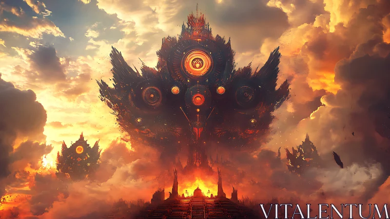 Colossal fiery sky citadel rises above molten horizon