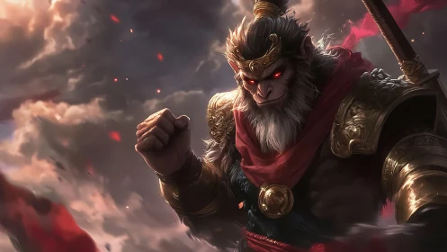 Warrior monkey king with glowing red eyes in armor.