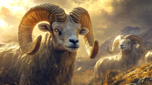 Mountain rams rendered with volumetric light and detailed fur shading