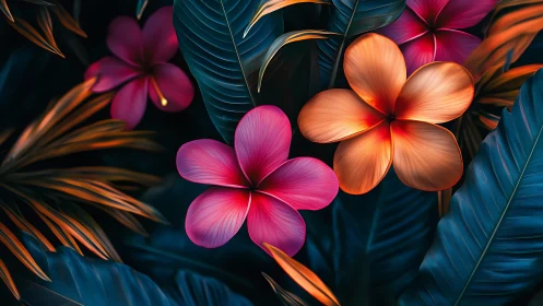 Tropical Plumeria Dance: Vibrant Blooms Against Jeweled Foliage.