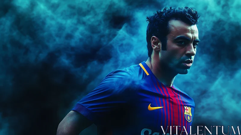 Dynamic football portrait in teal atmospheric lighting.