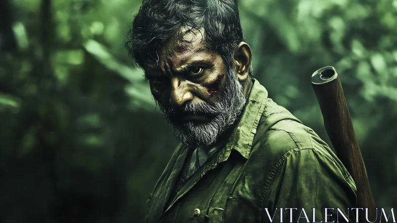 Battle-scarred hunter glares through dense emerald jungle.