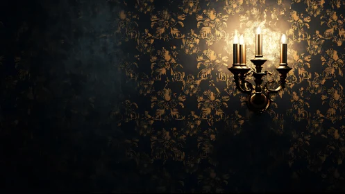 Wall-mounted brass candle sconce illuminates dark floral wallpaper