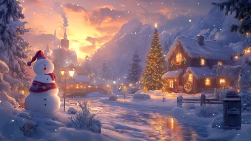 Snowlit Christmas village glowing under storybook twilight.