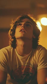 Young man gazes upward in warm nostalgic evening light