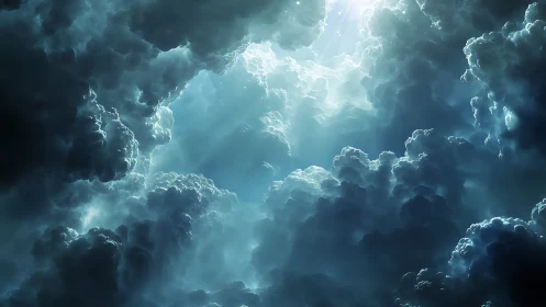 Storm-sculpted heavens split by radiant celestial cascades.