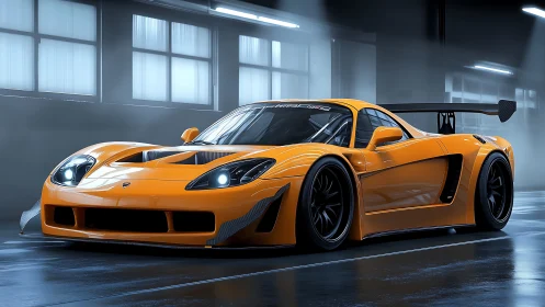 Orange track-ready supercar poised in a moody garage glow.