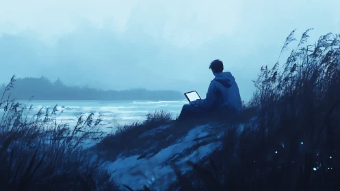 Solitary digital nomad on winter shoreline in cyan haze.