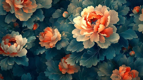 Layered Peonies in Cream and Coral Against Deep Teal Background.