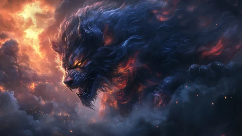 Apocalyptic fire-wolf materializes from storm-forged infernal clouds